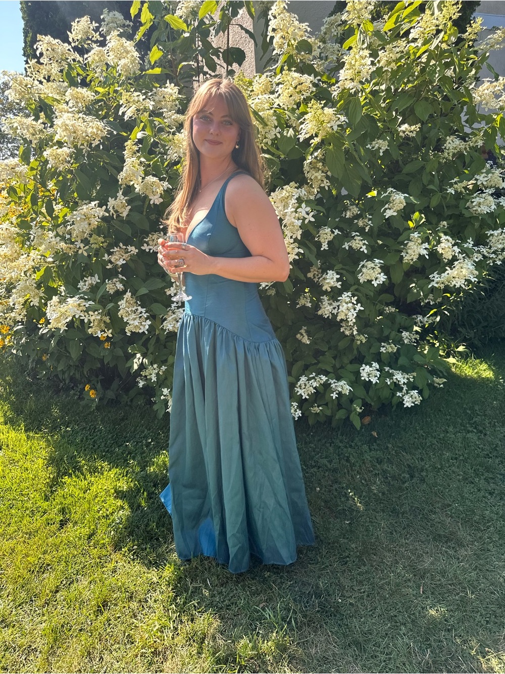 Anthropologie Teal Satin V-Neck Maxi Dress - Picture 3 of 6